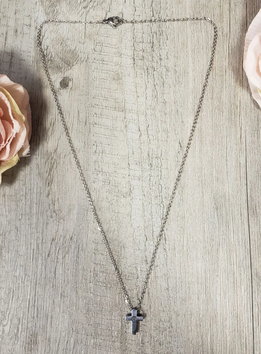 Pendentif Croix strass + Chaine Acier Inoxydable Gris argent