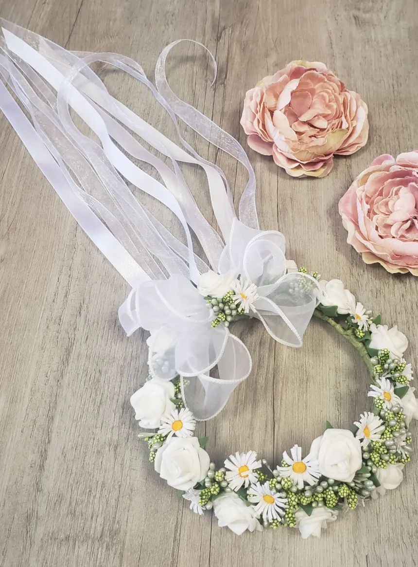 Petite couronne marguerites et roses Blanc