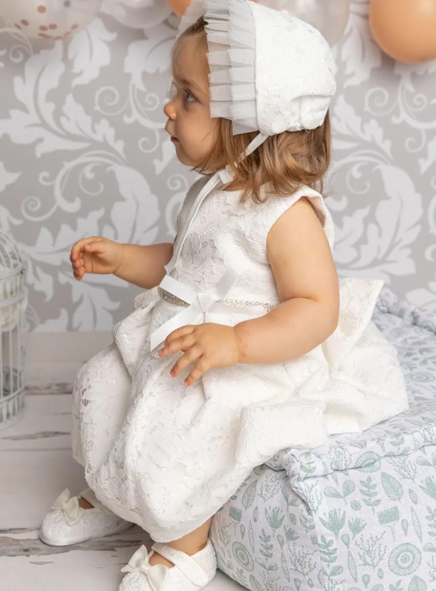 Robe baptême bébé dentelle + béguin Cloé