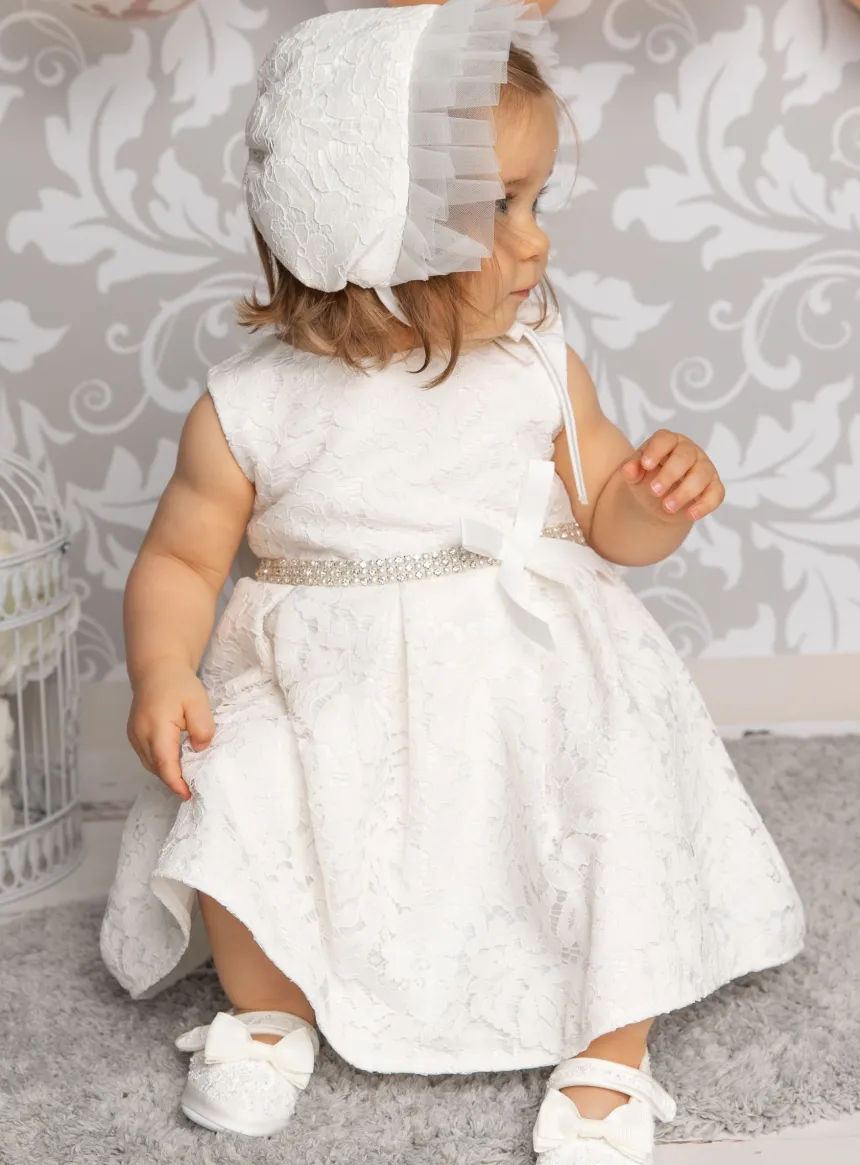 Robe baptême bébé dentelle + béguin Cloé