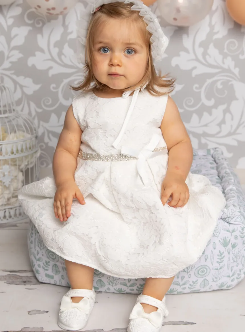 Robe baptême bébé dentelle + béguin Cloé