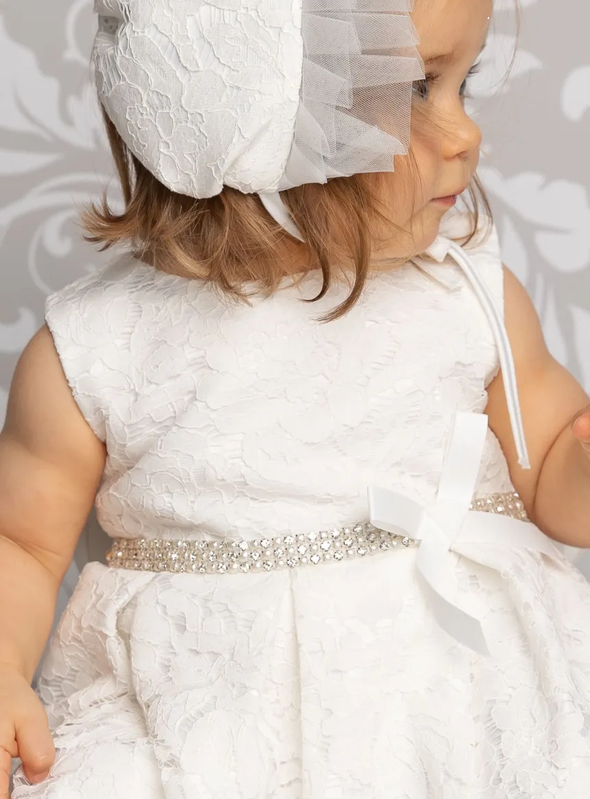 Robe baptême bébé dentelle + béguin Cloé