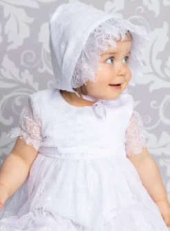 Robe baptême longue bébé fille dentelle fine + béguin