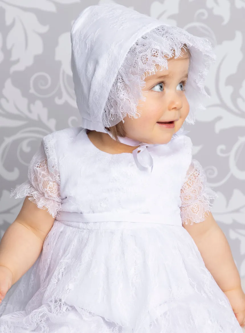 Robe baptême longue bébé fille dentelle fine + béguin
