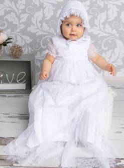 Robe baptême longue bébé fille dentelle fine + béguin