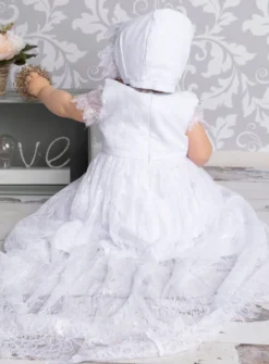 Robe baptême longue bébé fille dentelle fine + béguin