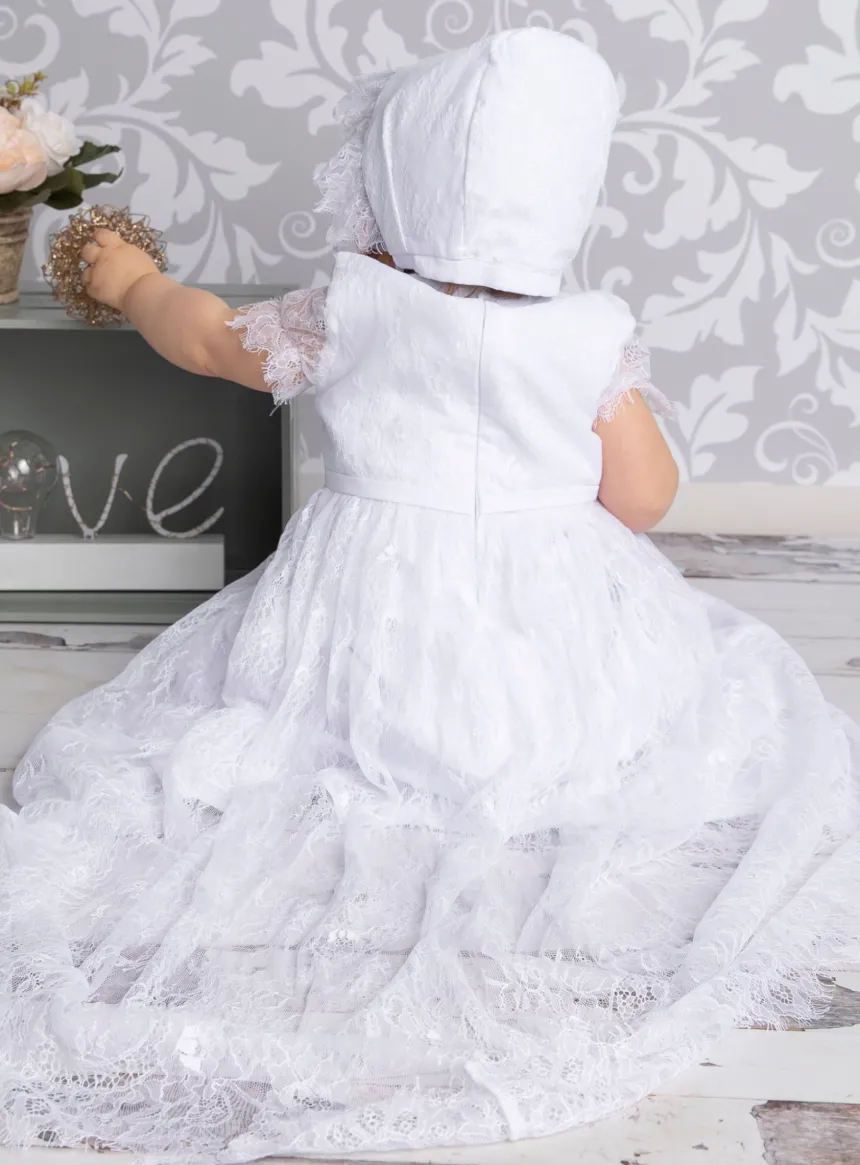 Robe baptême longue bébé fille dentelle fine + béguin