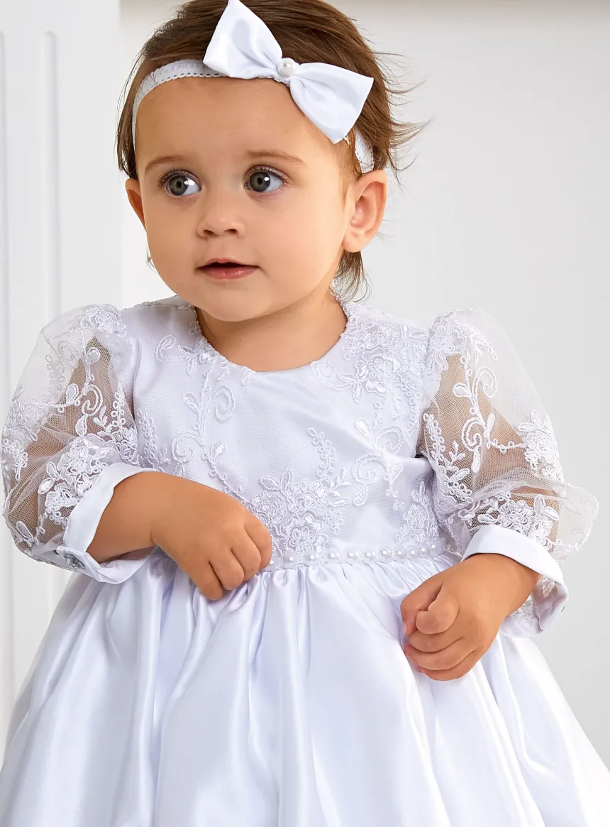 Robe baptême manches longues en dentelle