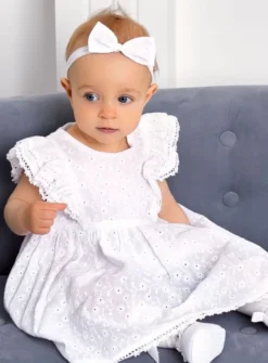 Robe coton broderie anglaise + bandeau Aria bébé fille