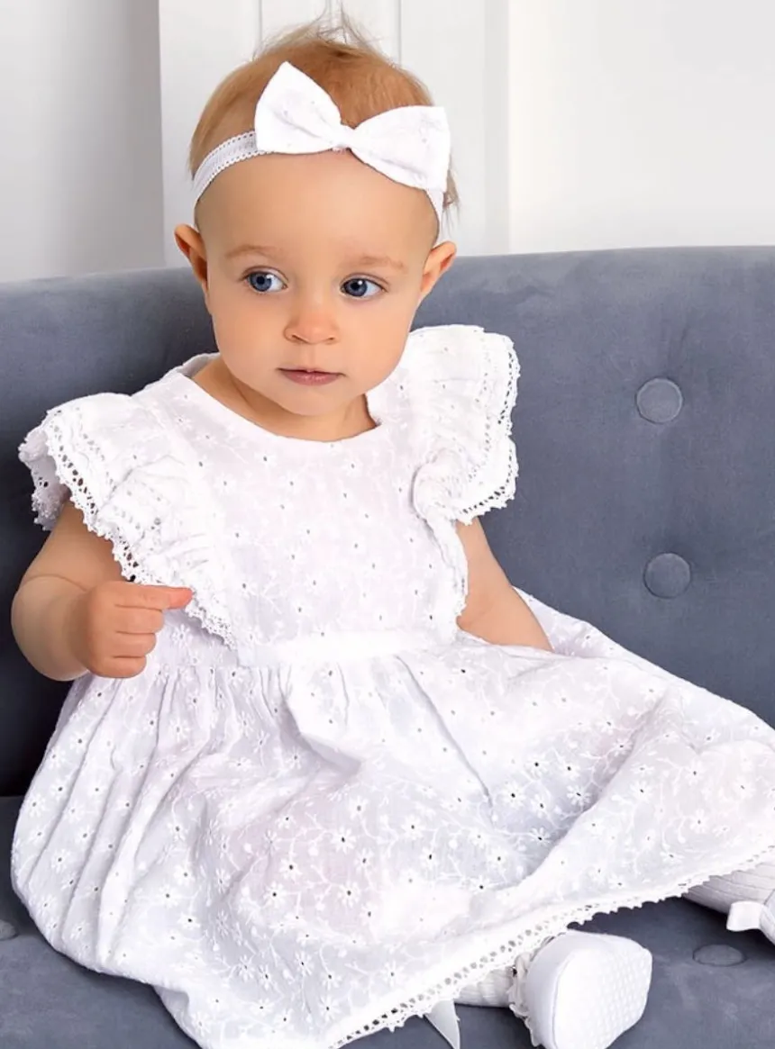 Robe coton broderie anglaise + bandeau Aria bébé fille