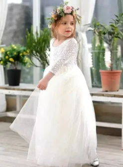 Robe cérémonie fille bustier en dentelle manches longues