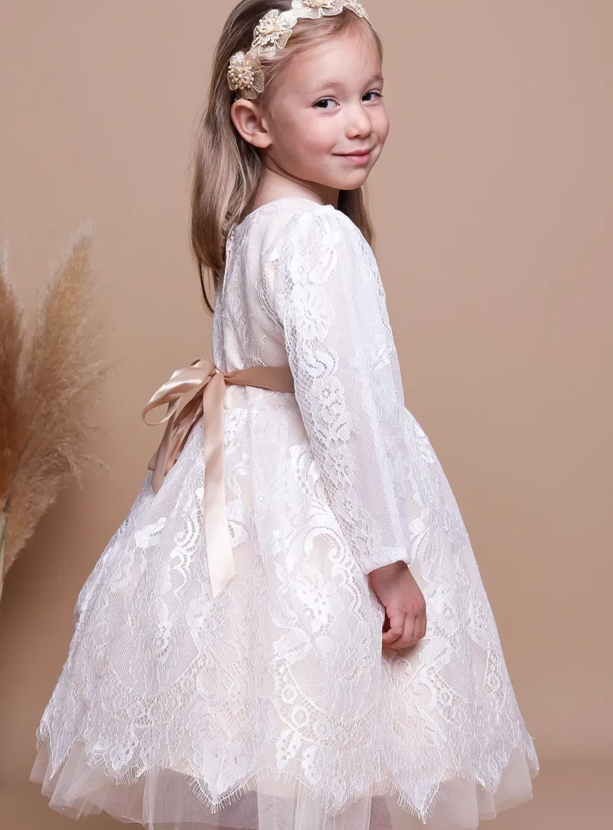 Robe cérémonie fille manche longue dentelle Leina
