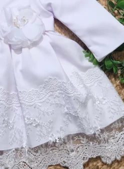 Robe de baptême bébé fille blanche manches longues en dentelle