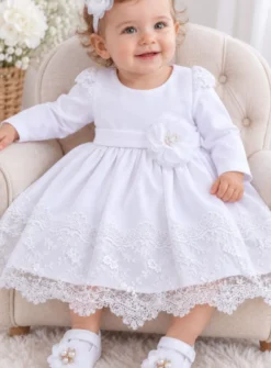 Robe de baptême bébé fille blanche manches longues en dentelle