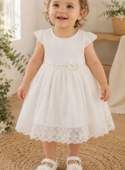 Robe de baptême bébé fille ivoire avec dentelle et perles