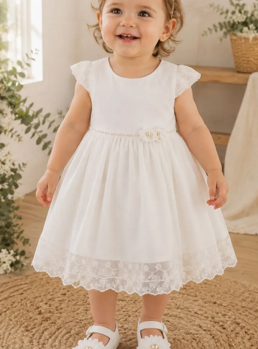 Robe de baptême bébé fille ivoire avec dentelle et perles