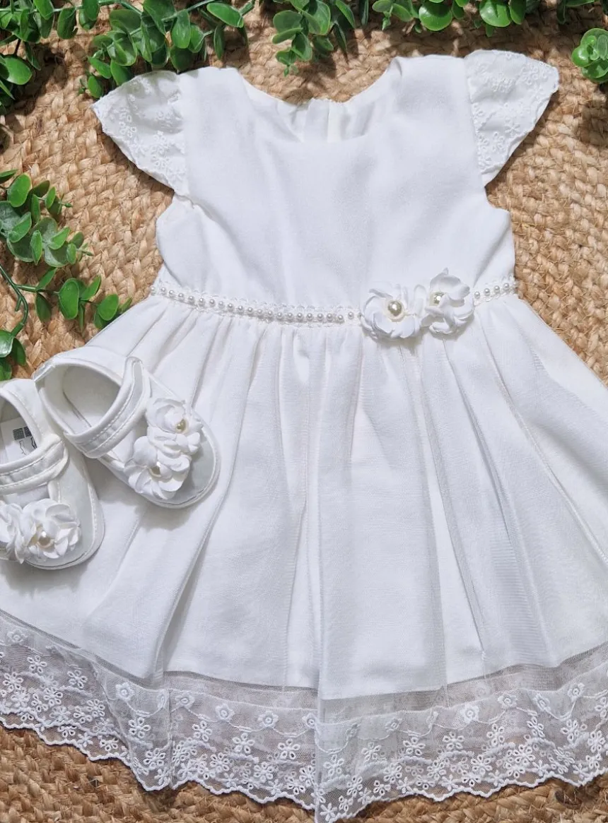 Robe de baptême bébé fille ivoire avec dentelle et perles