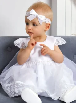 Robe de baptême blanche + bandeau Maëlle