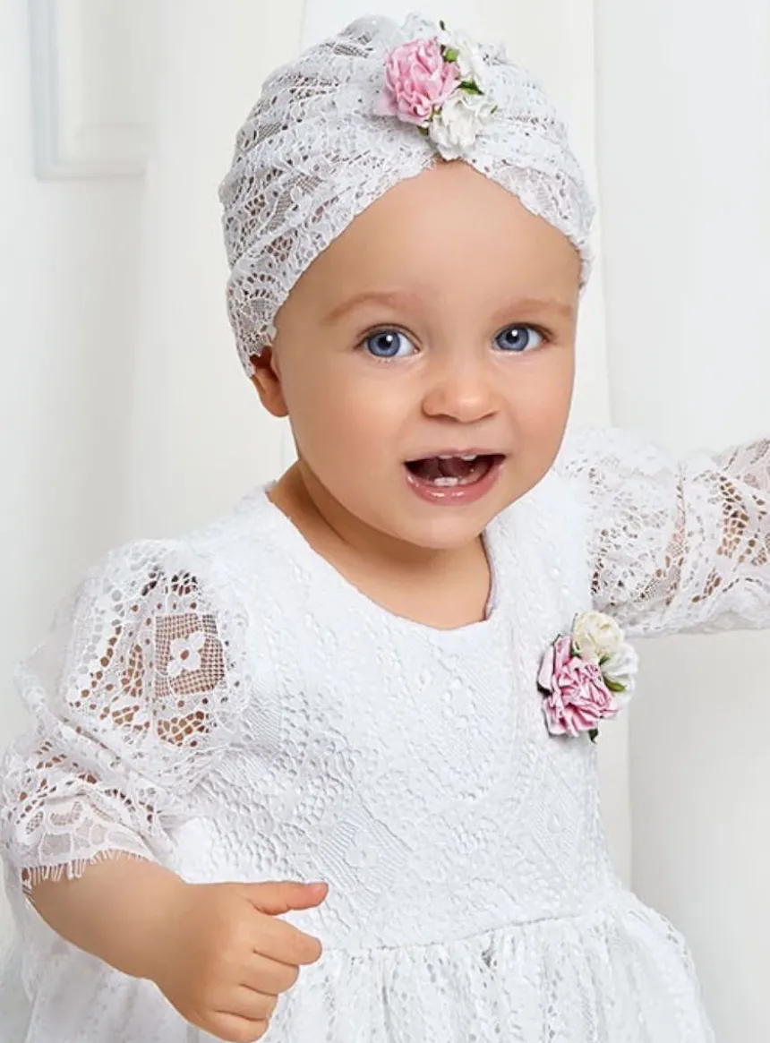 Robe de baptême dentelle + turban fille