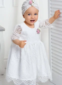 Robe de baptême dentelle + turban fille