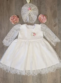 Robe de baptême dentelle + turban fille