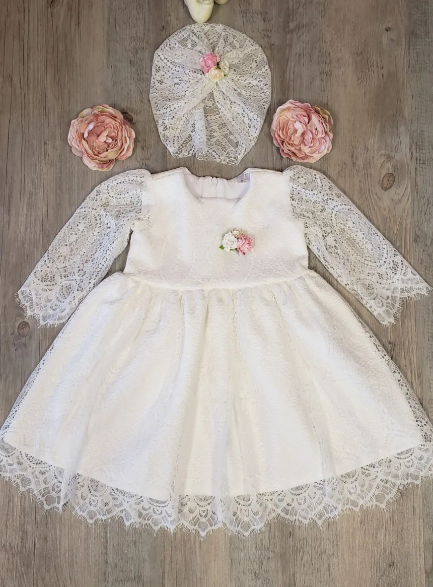 Robe de baptême dentelle + turban fille