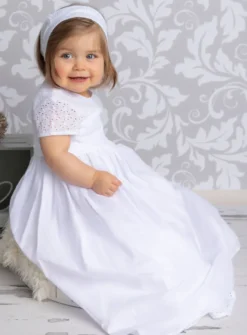 Robe de baptême longue bébé fille coton + bandeau