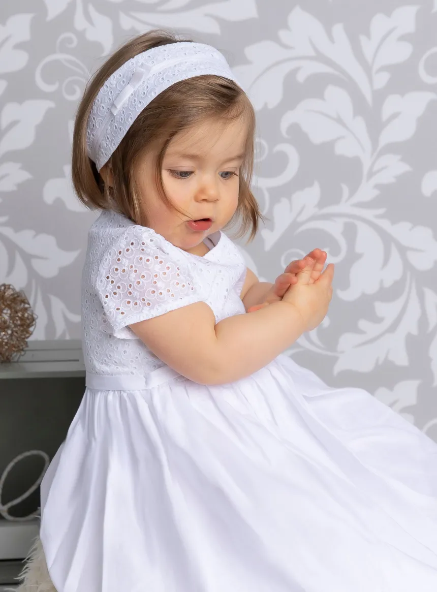 Robe de baptême longue bébé fille coton + bandeau