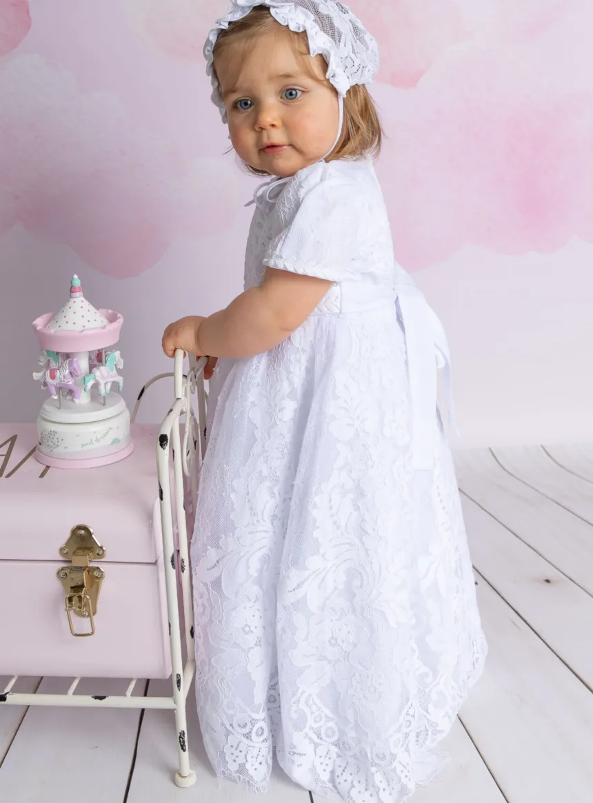 Robe de baptême longue dentelle Lison + béguin