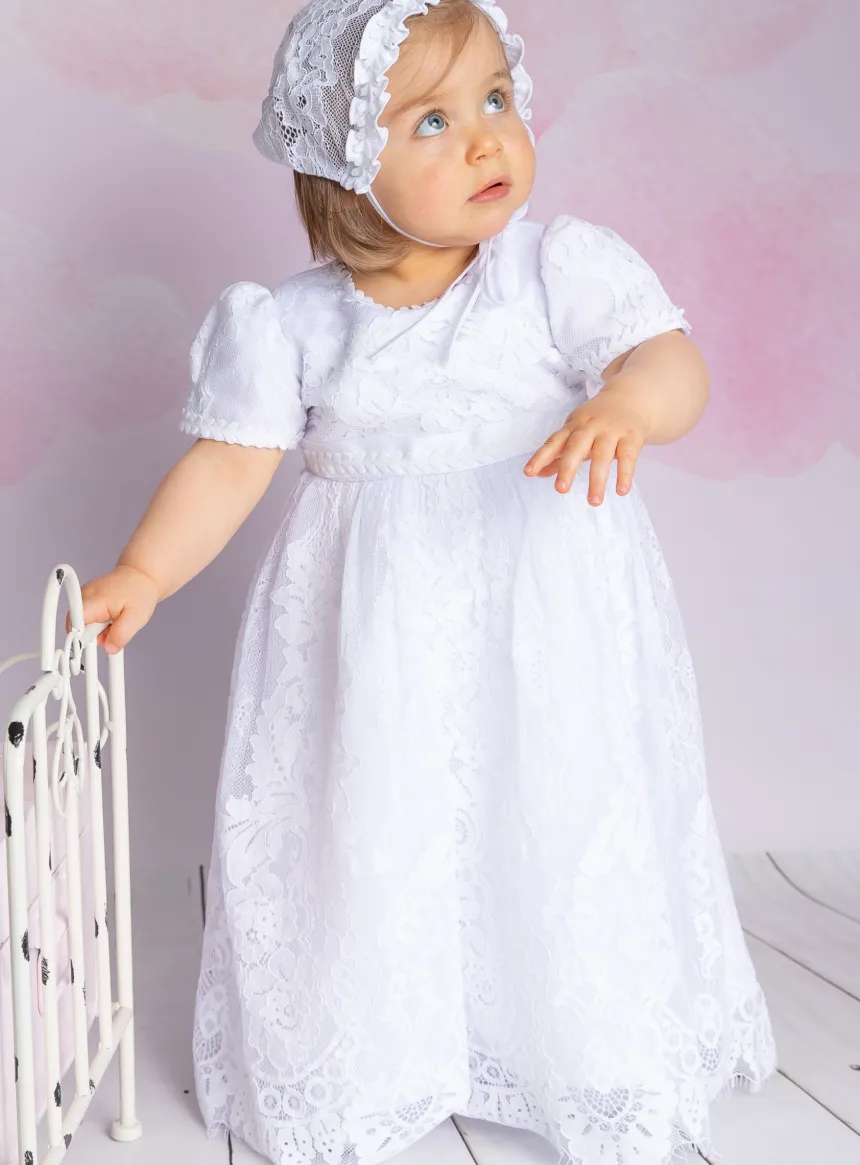 Robe de baptême longue dentelle Lison + béguin