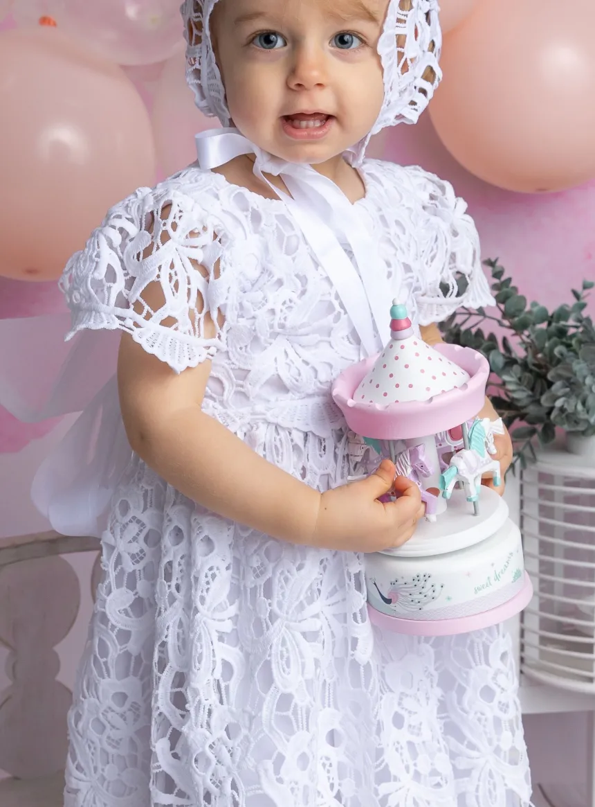 Robe de baptême longue dentelle + bonnet Mila