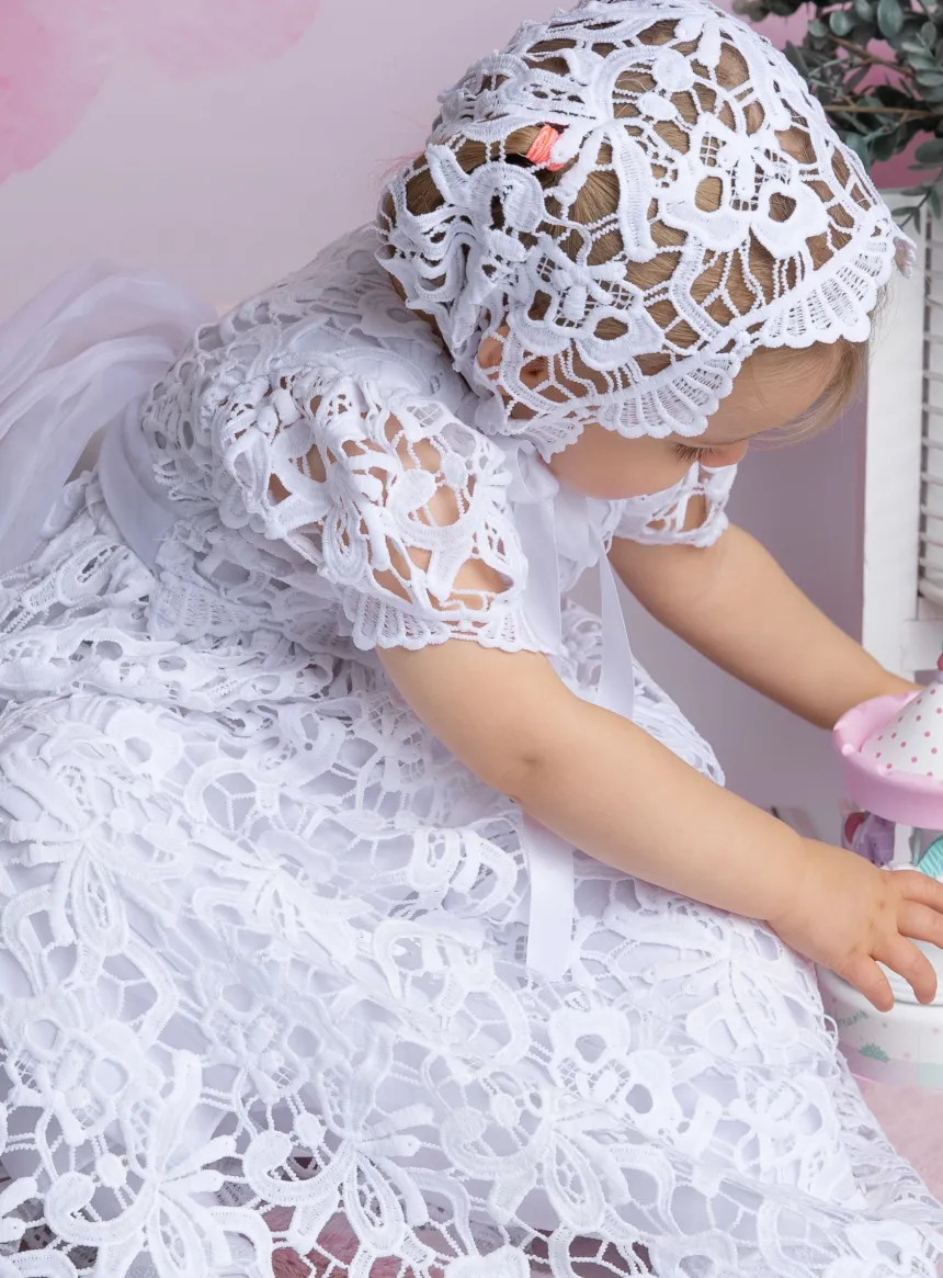 Robe de baptême longue dentelle + bonnet Mila
