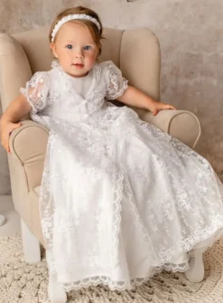 Robe de baptême longue dentelle traditionnelle Léa + cape