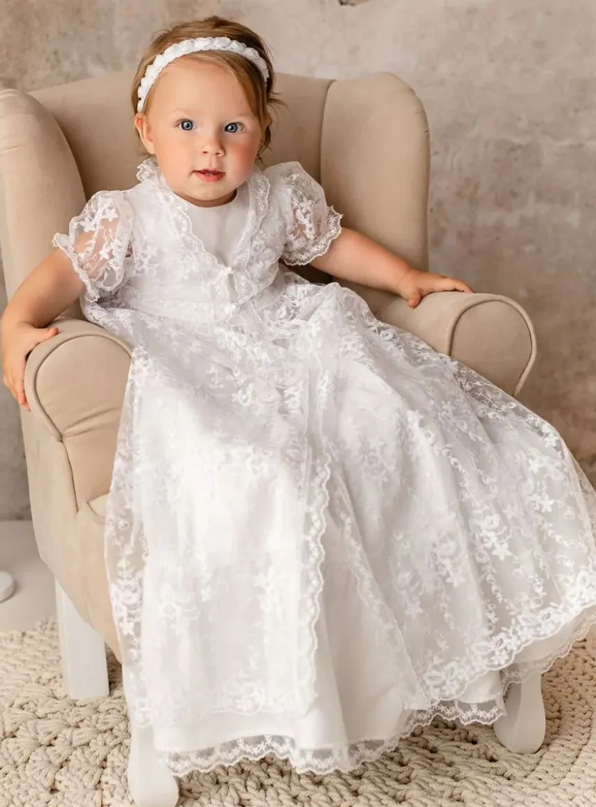Robe de baptême longue dentelle traditionnelle Léa + cape