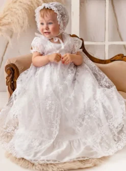 Robe de baptême longue dentelle traditionnelle Léa + cape