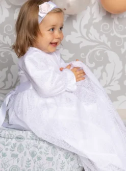 Robe de baptême manches longues Salomé + bandeau