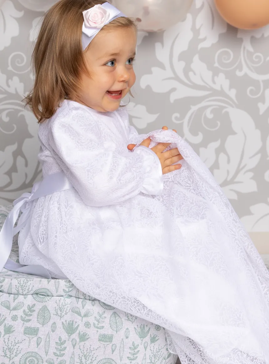 Robe de baptême manches longues Salomé + bandeau