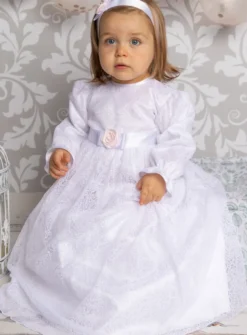 Robe de baptême manches longues Salomé + bandeau
