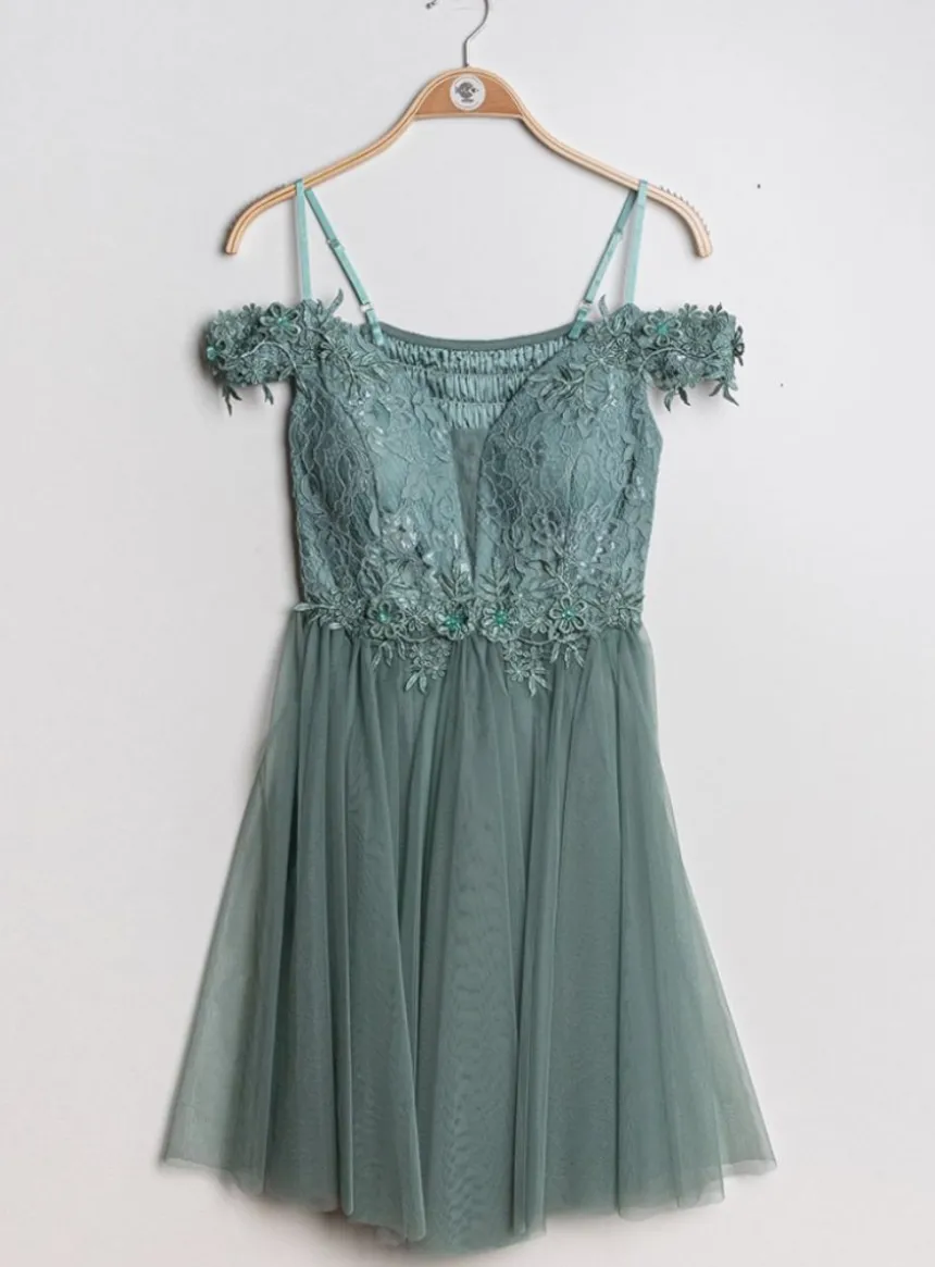 Robe de cocktail courte femme dentelle et mousseline