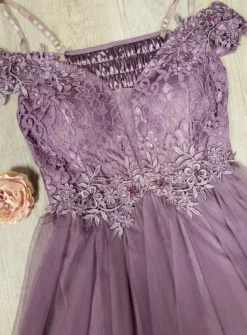 Robe de cocktail courte femme dentelle et mousseline