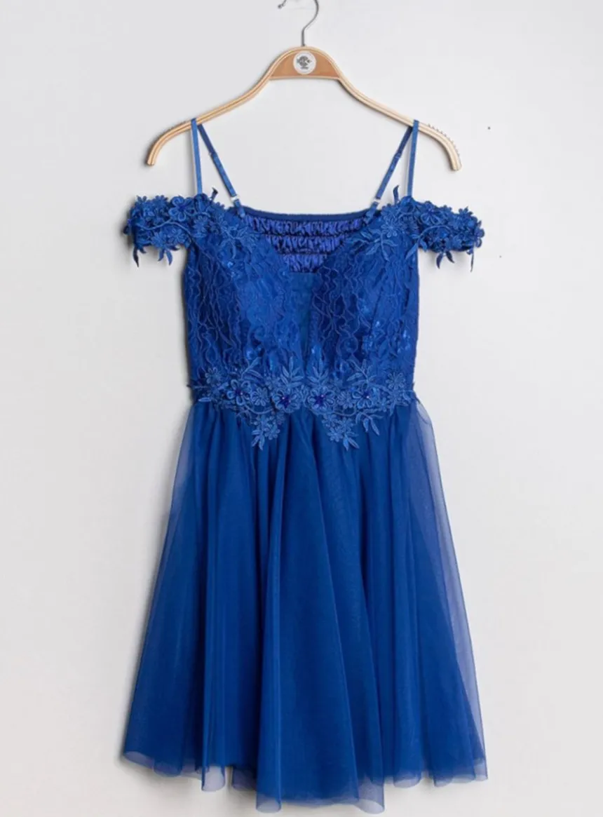 Robe de cocktail courte femme dentelle et mousseline