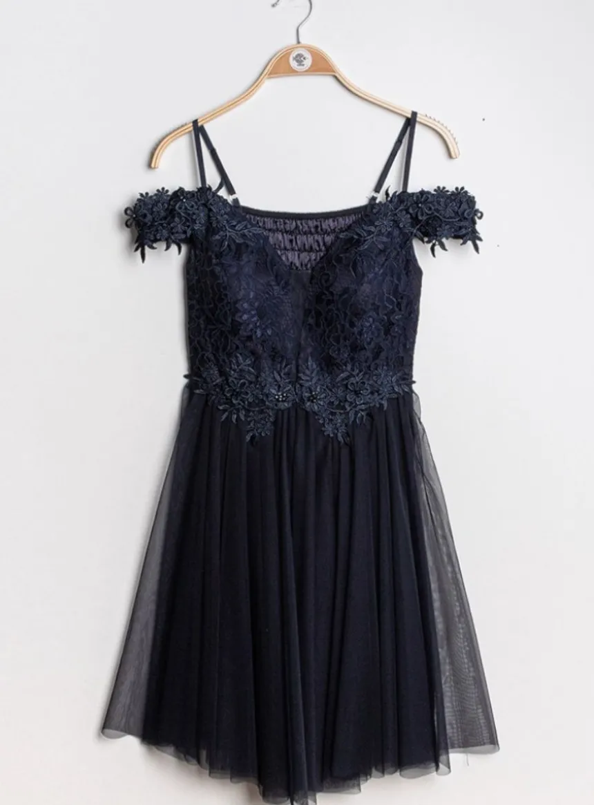 Robe de cocktail courte femme dentelle et mousseline