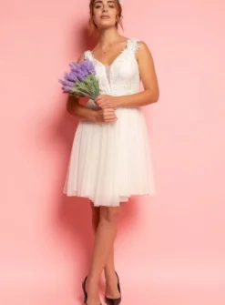 Robe de cocktail courte femme dentelle et mousseline