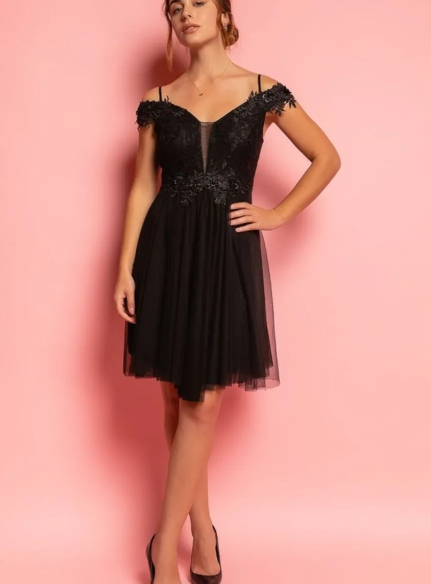 Robe de cocktail courte femme dentelle et mousseline