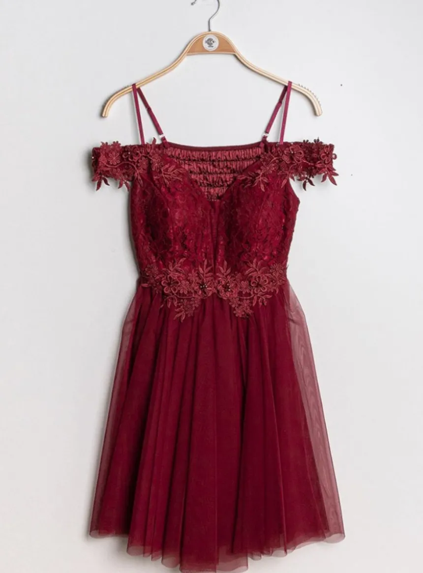 Robe de cocktail courte femme dentelle et mousseline