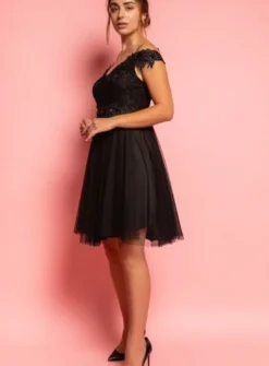 Robe de cocktail courte femme dentelle et mousseline
