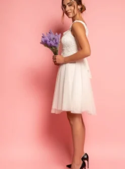 Robe de cocktail courte femme dentelle et mousseline