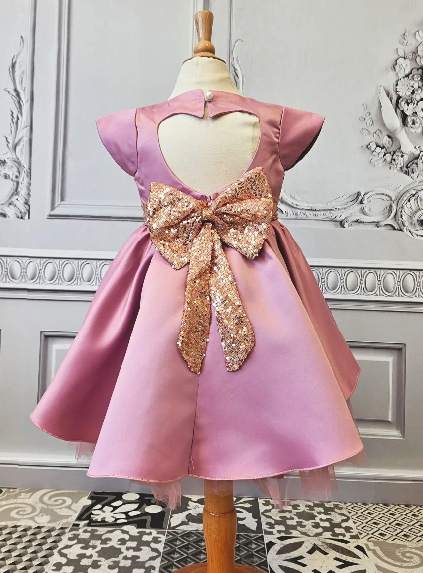 Robe de cérémonie fille satin et paillettes dos coeur
