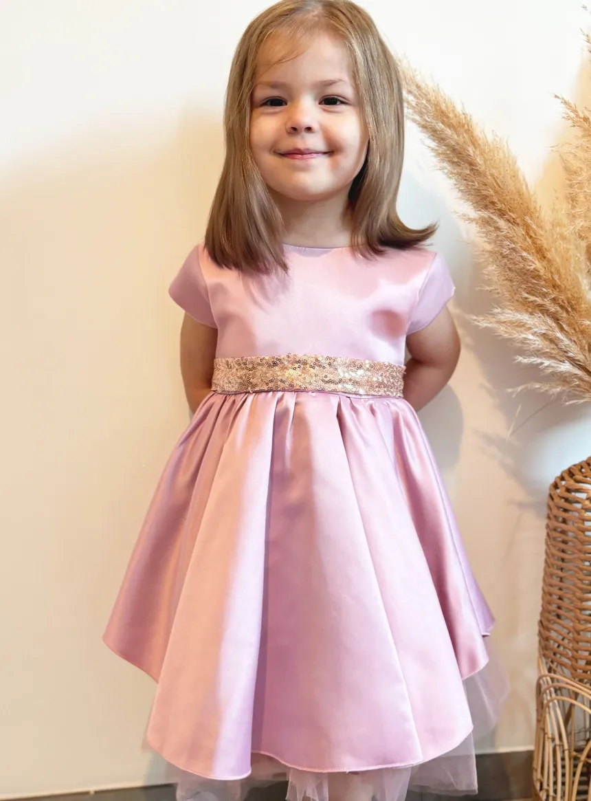 Robe de cérémonie fille satin et paillettes dos coeur