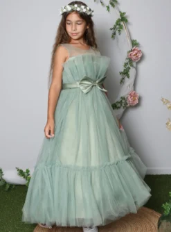 Robe mariage fille en tulle vert sauge